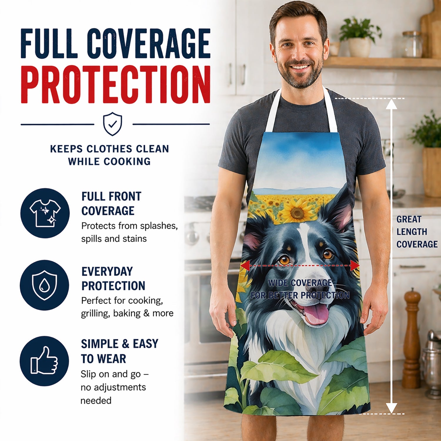 Border Collie in Sunflowers Apron Cooking Kitchen Server Baking Crafts Gardening for Adult Women Men, Unisex, Large, Multicolor