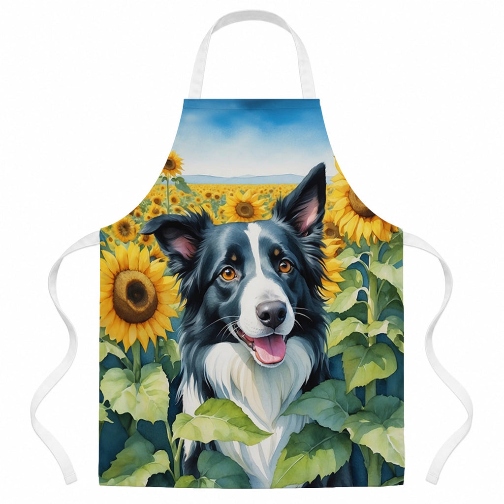 Border Collie in Sunflowers Apron Cooking Kitchen Server Baking Crafts Gardening for Adult Women Men, Unisex, Large, Multicolor