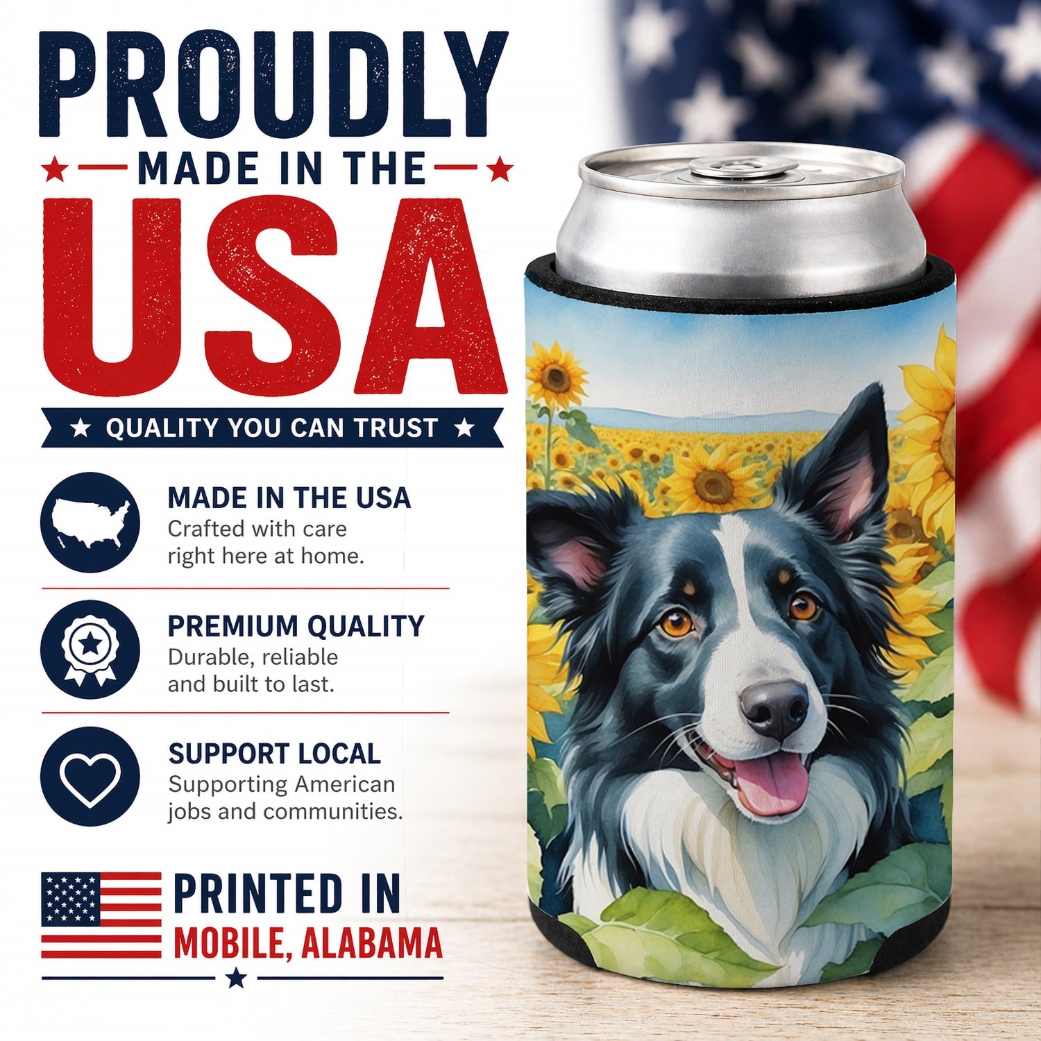 Border Collie in Sunflowers Can or Bottle Hugger Cooler Sleeve for Standard 12 oz Cans, Insulated Foam Beer & Soda Can Hugger Reusable