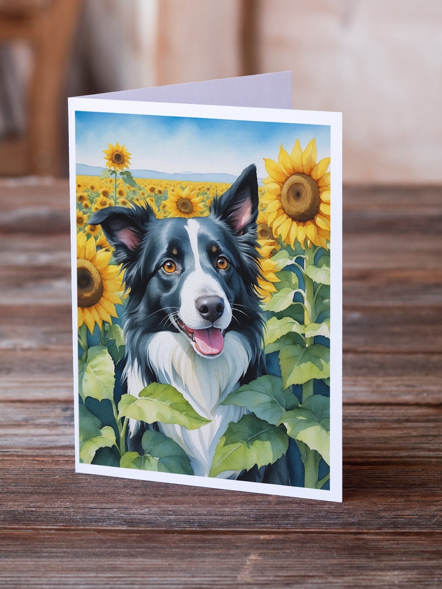 Border Collie in Sunflowers Greeting Cards Pack of 8 Blank Cards with Envelopes Whimsical A7 Size 5x7