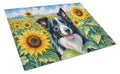 Border Collie in Sunflowers Cutting Board Tempered Glass Kitchen Cutting Surface, Heat Resistant Chopping Board with Non-Slip Feet, Decorative Food Prep & Serving