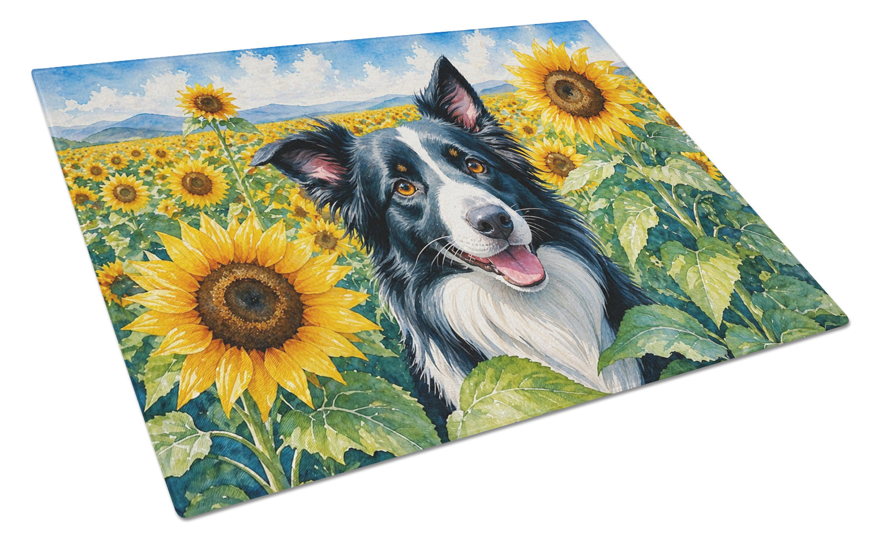 Border Collie in Sunflowers Cutting Board Tempered Glass Kitchen Cutting Surface, Heat Resistant Chopping Board with Non-Slip Feet, Decorative Food Prep & Serving