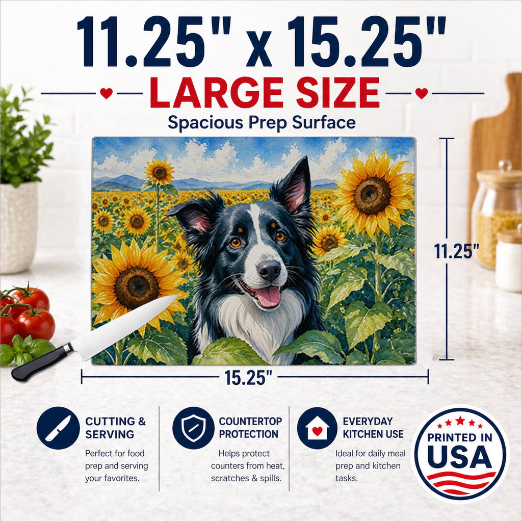 Border Collie in Sunflowers Cutting Board Tempered Glass Kitchen Cutting Surface, Heat Resistant Chopping Board with Non-Slip Feet, Decorative Food Prep & Serving
