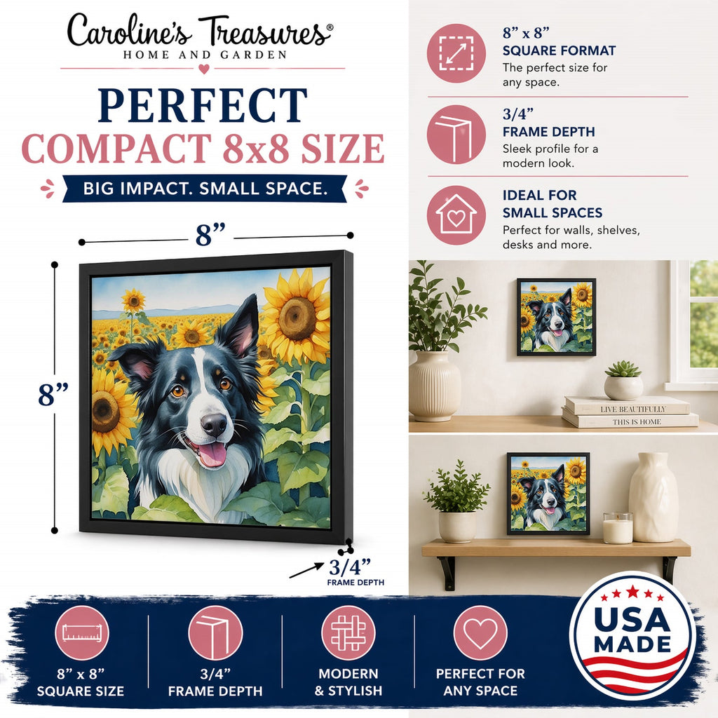 Border Collie in Sunflowers Framed Metal Print Bathroom, Kitchen, Office, Home Decor Wall Art Ready to Hang, Square, 8X8