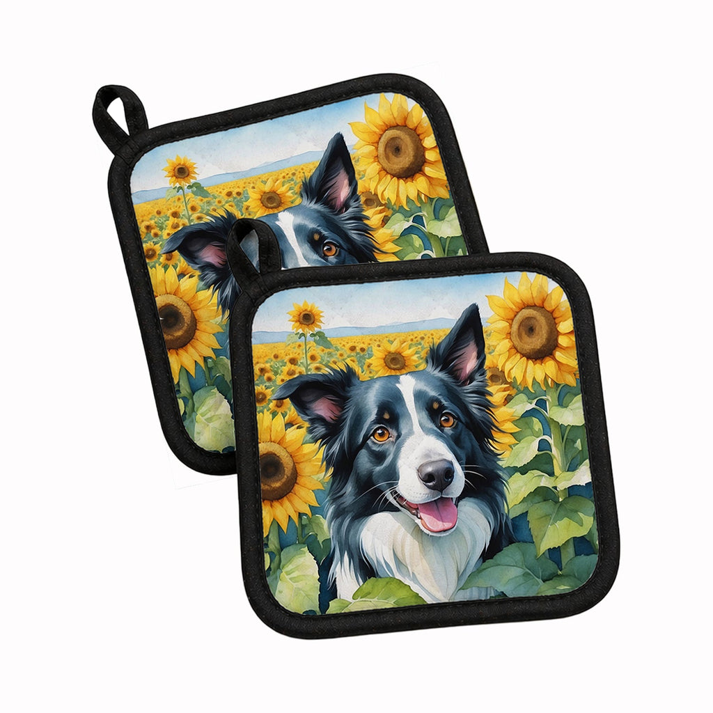 Border Collie in Sunflowers Pot Holder Set of 2 Heat Resistant Quilted Hot Pads 7.5 x 7.5 Inch, Insulated Kitchen Trivets for Cooking & Baking