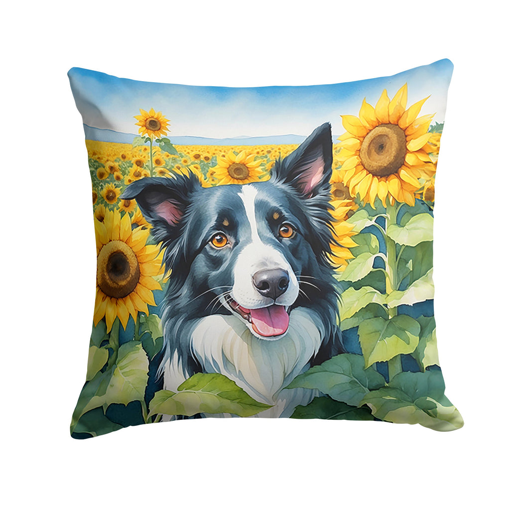 Border Collie in Sunflowers Decorative Throw Pillow 14x14 Indoor Outdoor Accent Cushion, Fabric Cover with Insert for Sofa, Bed, Porch & Living Room