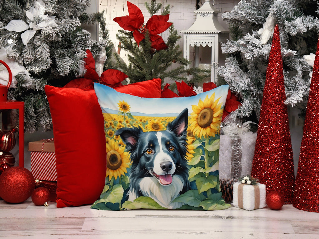 Border Collie in Sunflowers Decorative Throw Pillow 14x14 Indoor Outdoor Accent Cushion, Fabric Cover with Insert for Sofa, Bed, Porch & Living Room