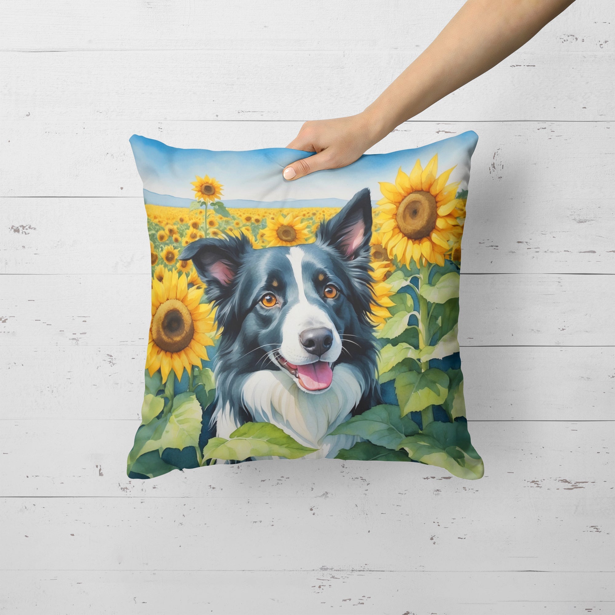 Border Collie in Sunflowers Decorative Throw Pillow 18x18 Indoor Outdoor Accent Cushion, Fabric Cover with Insert for Sofa, Bed, Porch & Living Room