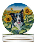 Border Collie in Sunflowers Large Sandstone Coasters Pack of 4 Absorbent Round Coasters Decor Gifts for Men or Women, 4 in, Multicolor