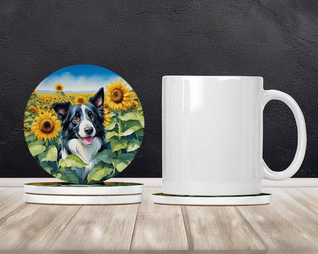 Border Collie in Sunflowers Large Sandstone Coasters Pack of 4 Absorbent Round Coasters Decor Gifts for Men or Women, 4 in, Multicolor