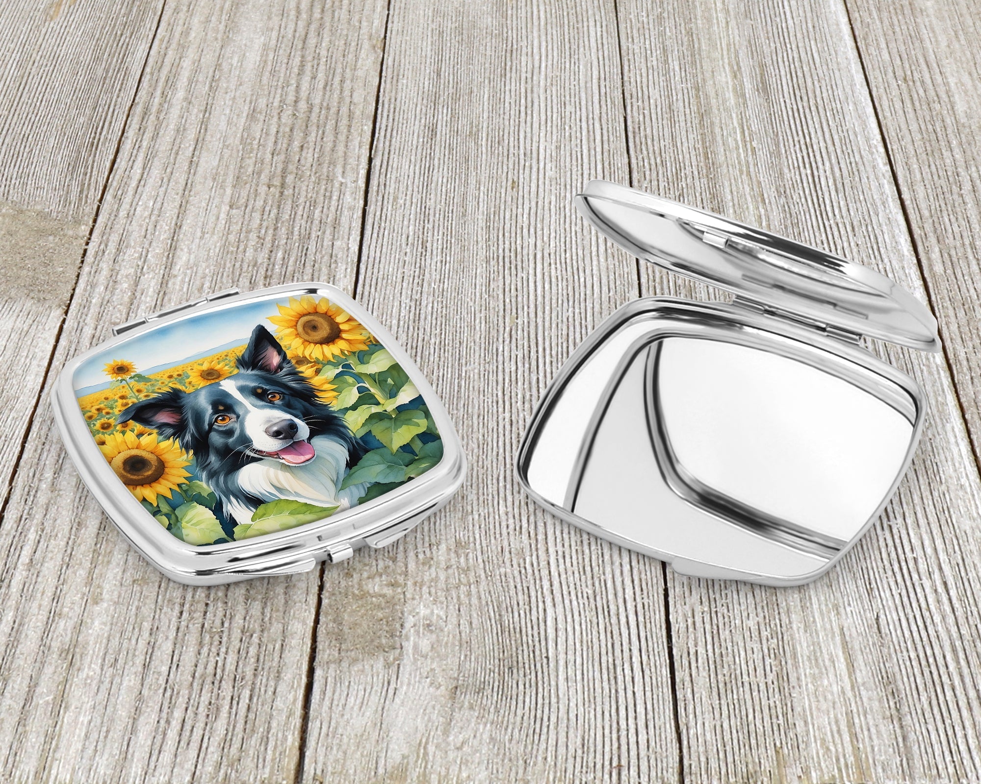 Border Collie in Sunflowers Compact Mirror Decorative Travel Makeup Mirror for Women Girls Gifts Pocket Makeup Mirror Folding Handheld