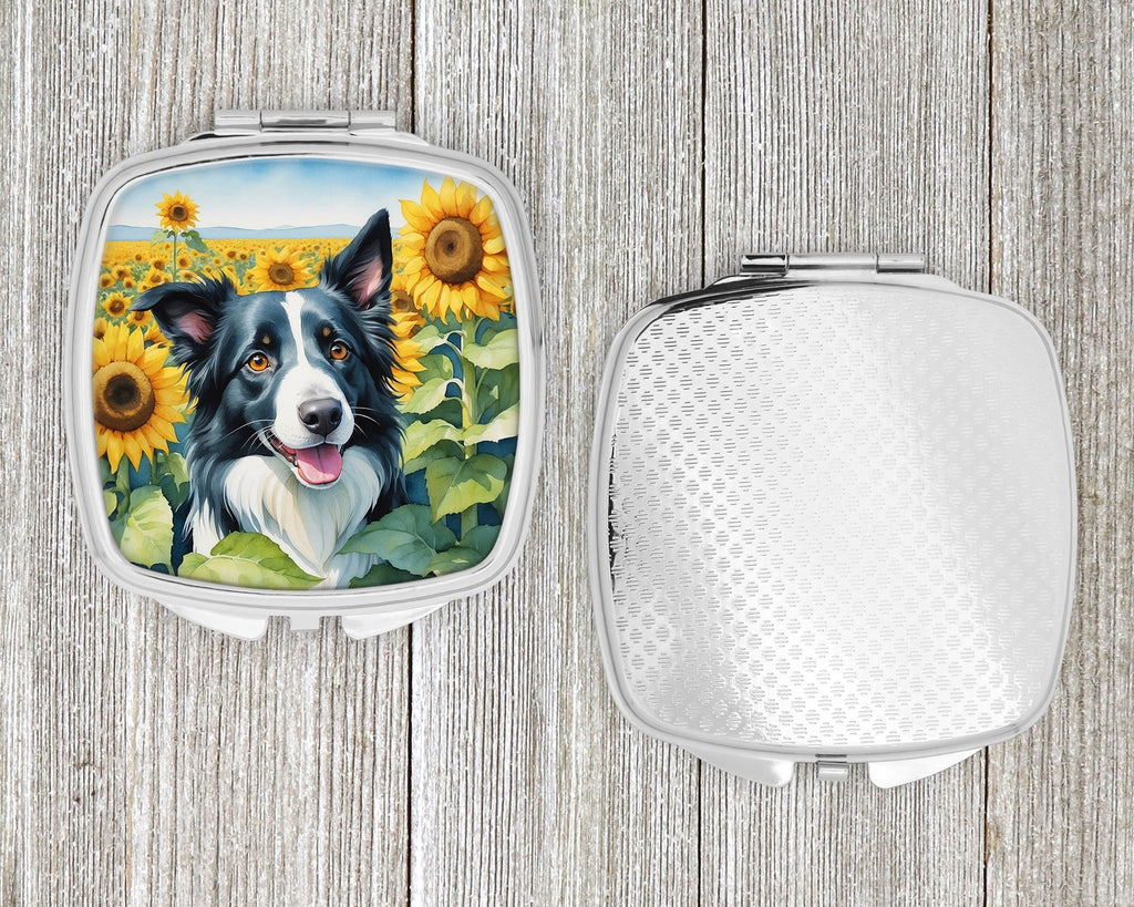 Border Collie in Sunflowers Compact Mirror Decorative Travel Makeup Mirror for Women Girls Gifts Pocket Makeup Mirror Folding Handheld