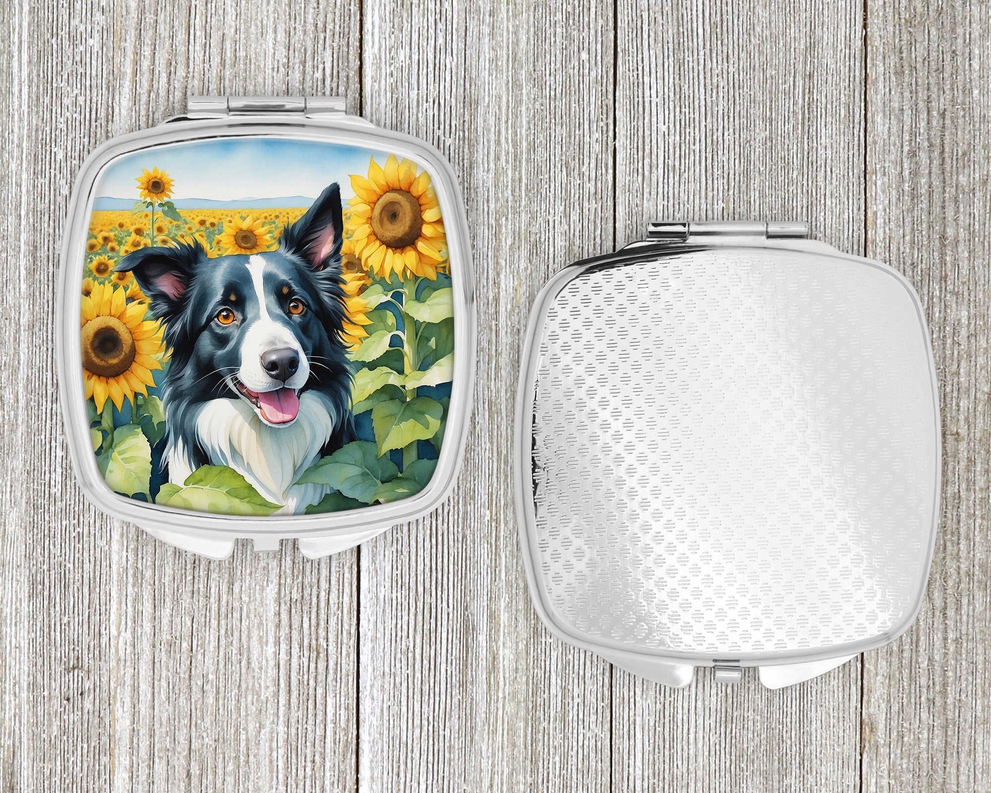 Border Collie in Sunflowers Compact Mirror Decorative Travel Makeup Mirror for Women Girls Gifts Pocket Makeup Mirror Folding Handheld