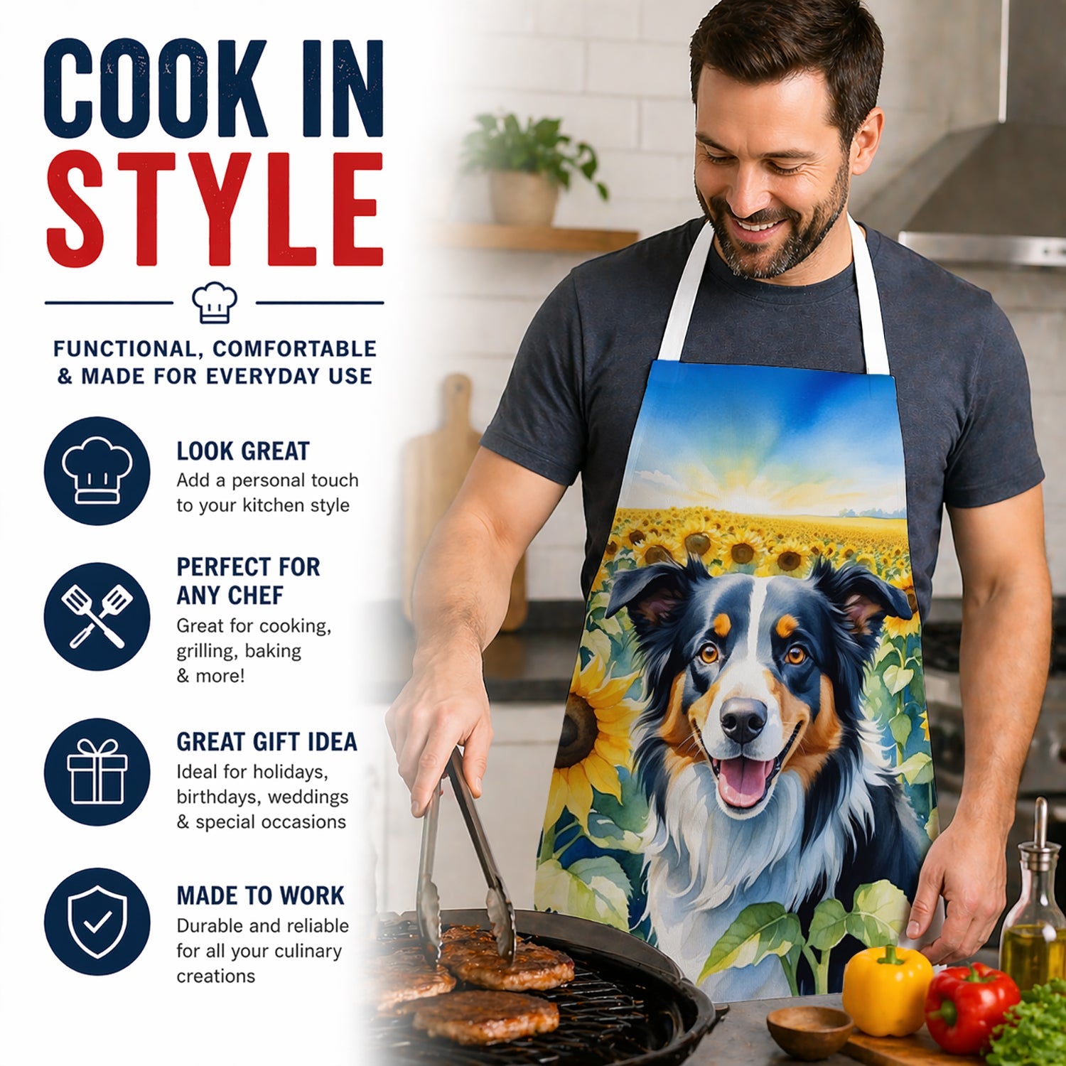 Border Collie in Sunflowers Apron Cooking Kitchen Server Baking Crafts Gardening for Adult Women Men, Unisex, Large, Multicolor