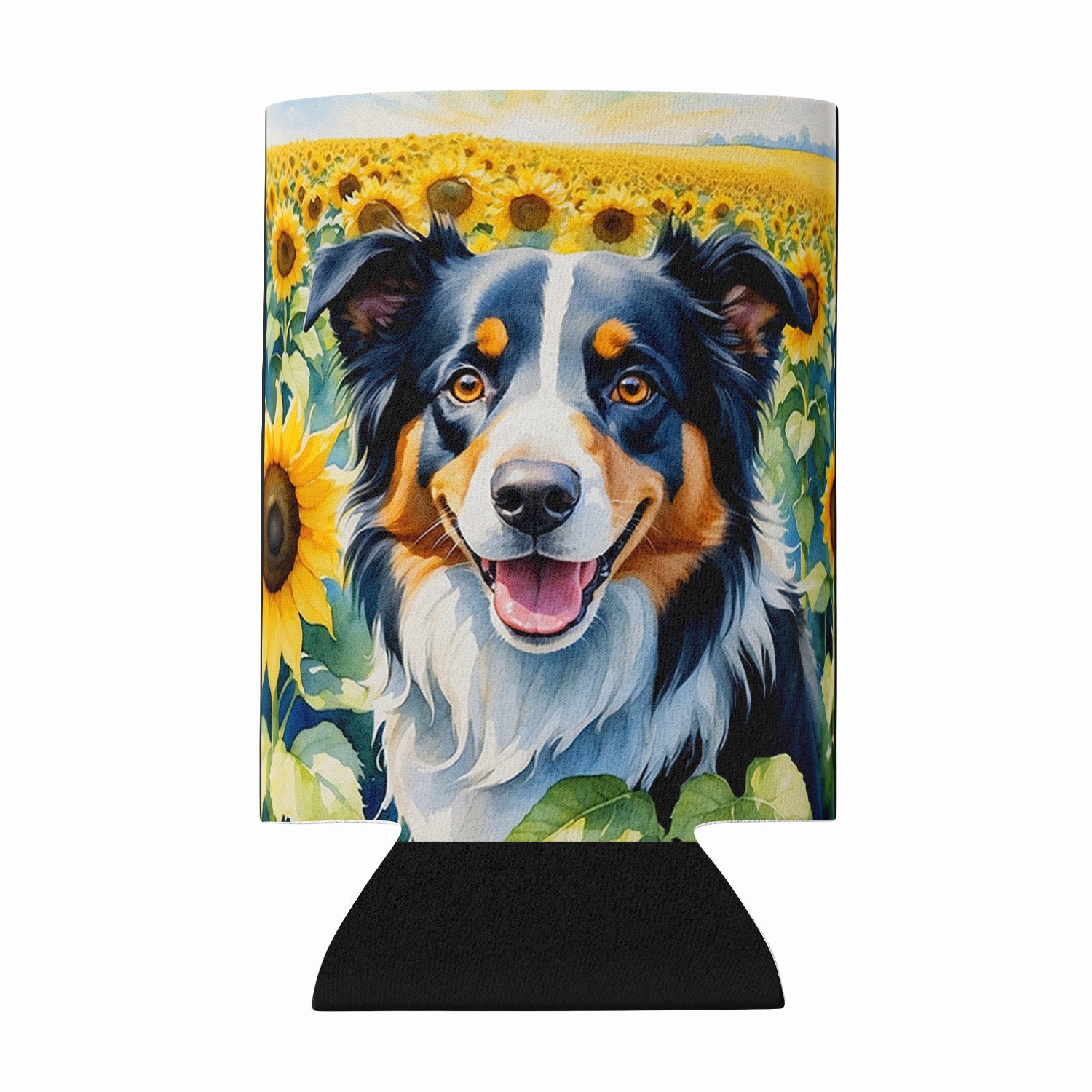 Border Collie in Sunflowers Can or Bottle Hugger Cooler Sleeve for Standard 12 oz Cans, Insulated Foam Beer & Soda Can Hugger Reusable