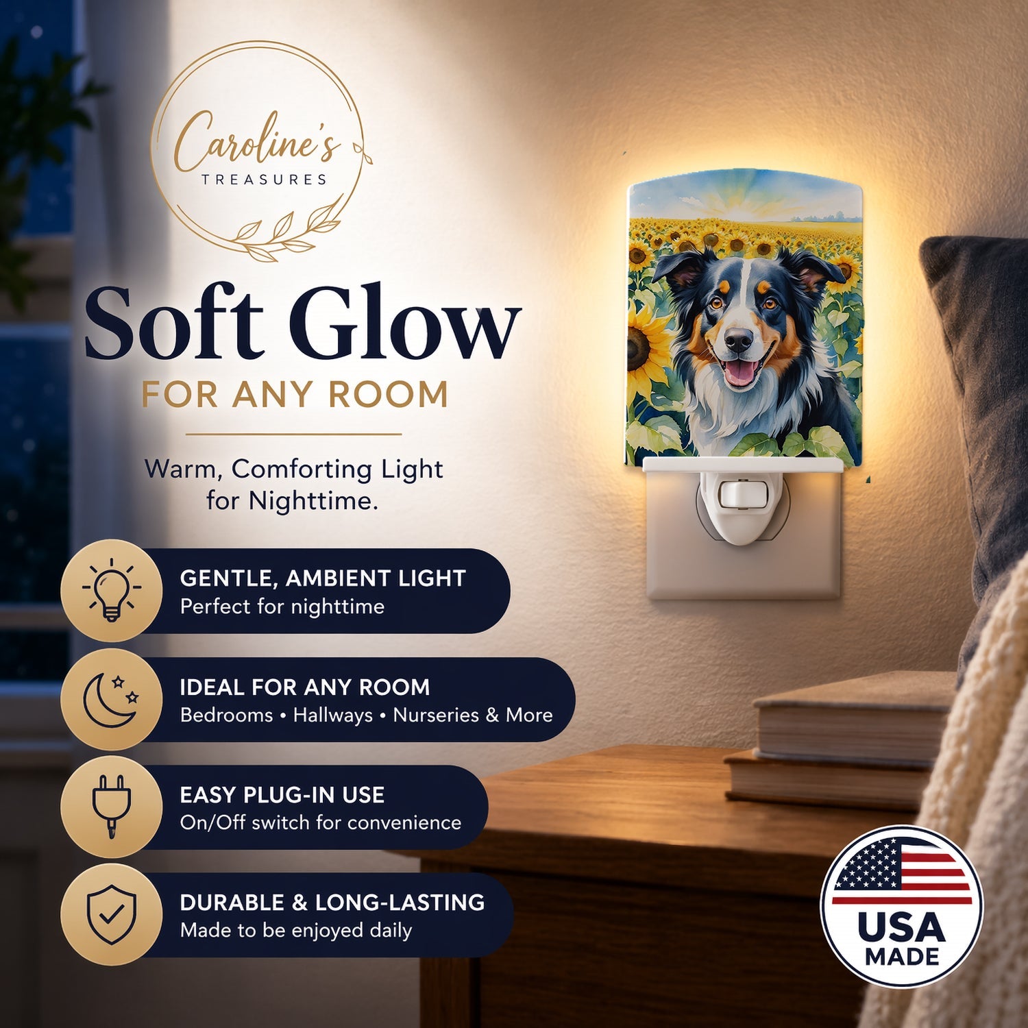 Border Collie in Sunflowers Ceramic Night Light Compact, UL-Certified, Ideal for Bedroom, Bathroom, Nursery, Hallway, Kitchen, 6x4x3, Multicolor