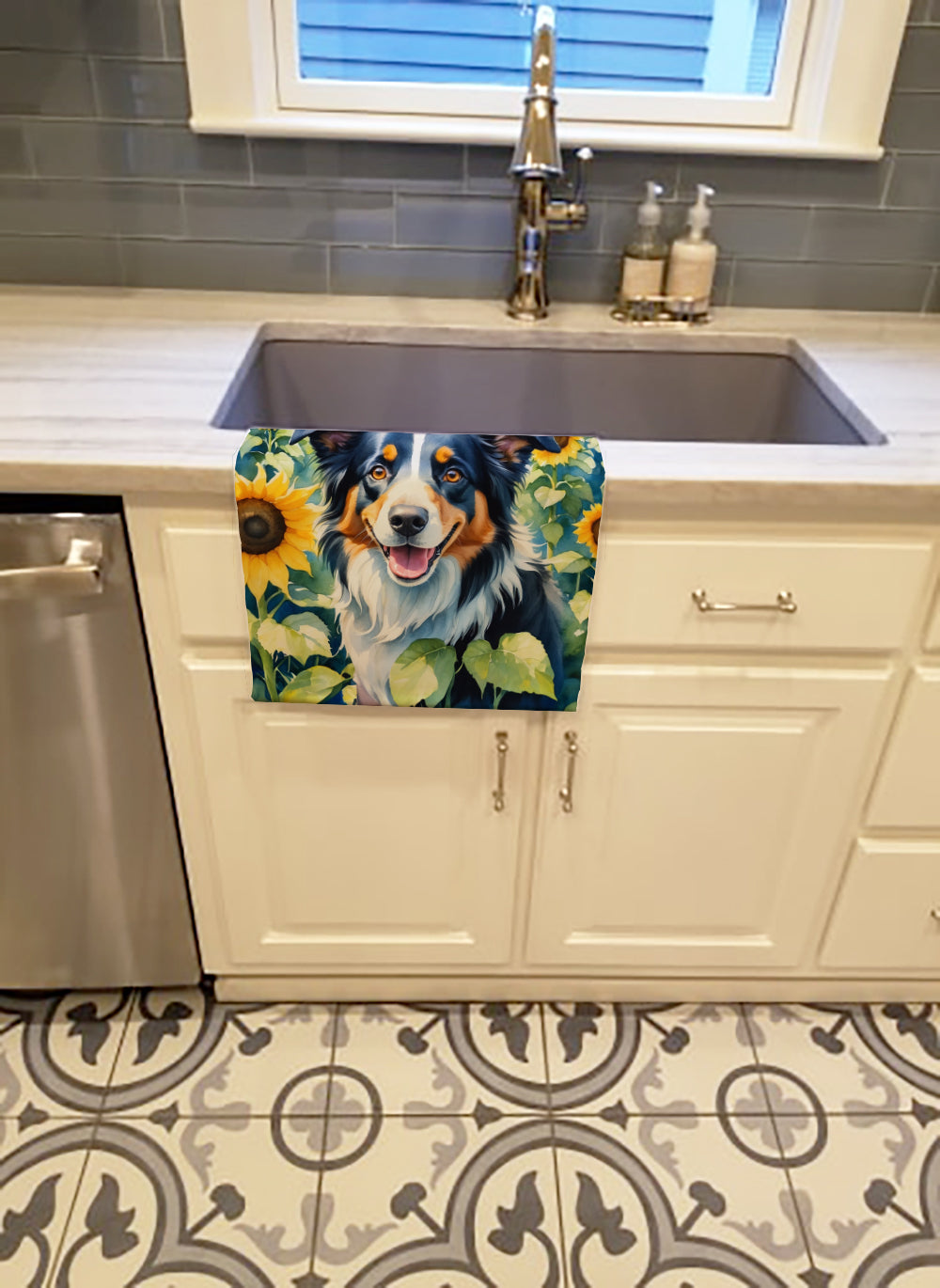 Border Collie in Sunflowers Kitchen Towel Velour Plush Front and Cotton Loop Back Machine Washable