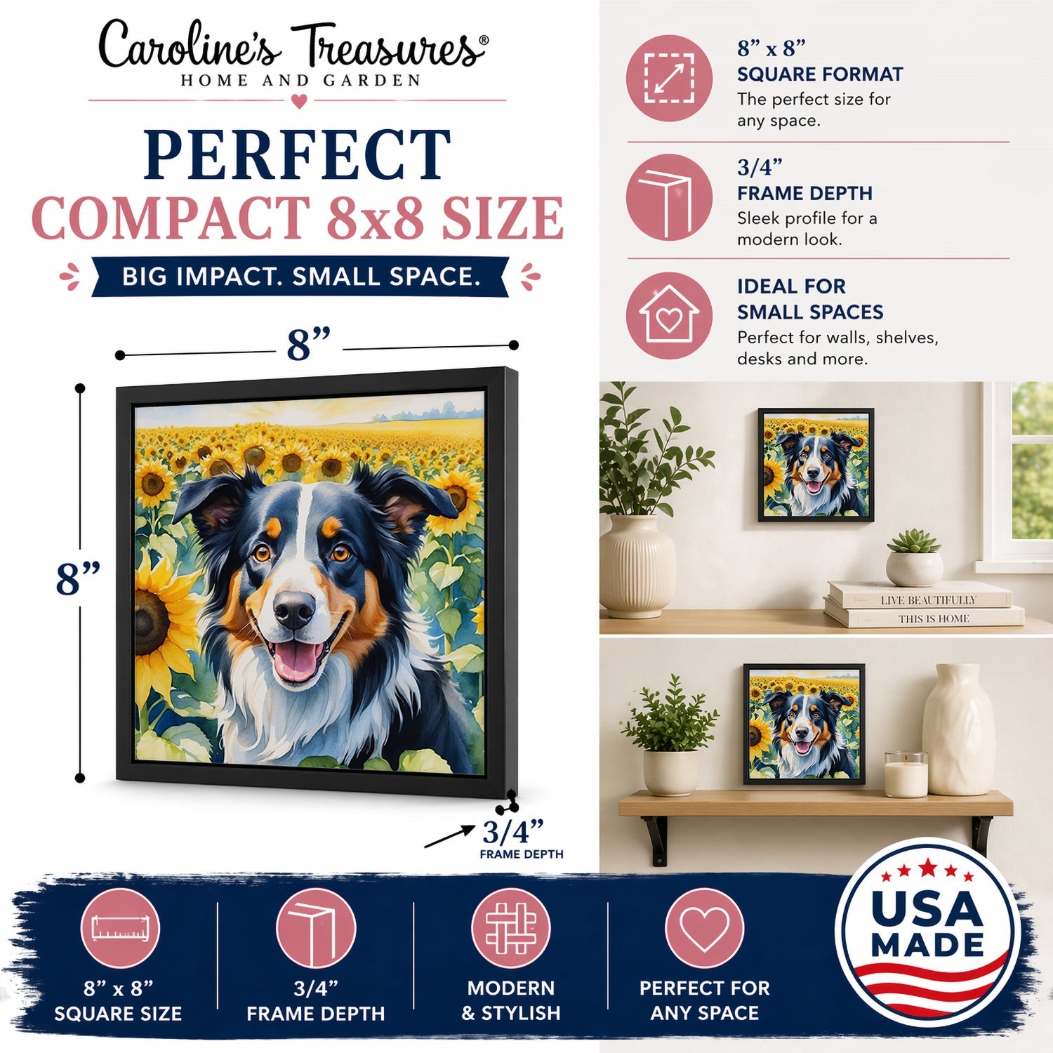 Border Collie in Sunflowers Framed Metal Print Bathroom, Kitchen, Office, Home Decor Wall Art Ready to Hang, Square, 8X8