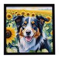 Border Collie in Sunflowers Framed Metal Print Bathroom, Kitchen, Office, Home Decor Wall Art Ready to Hang, Square, 8X8
