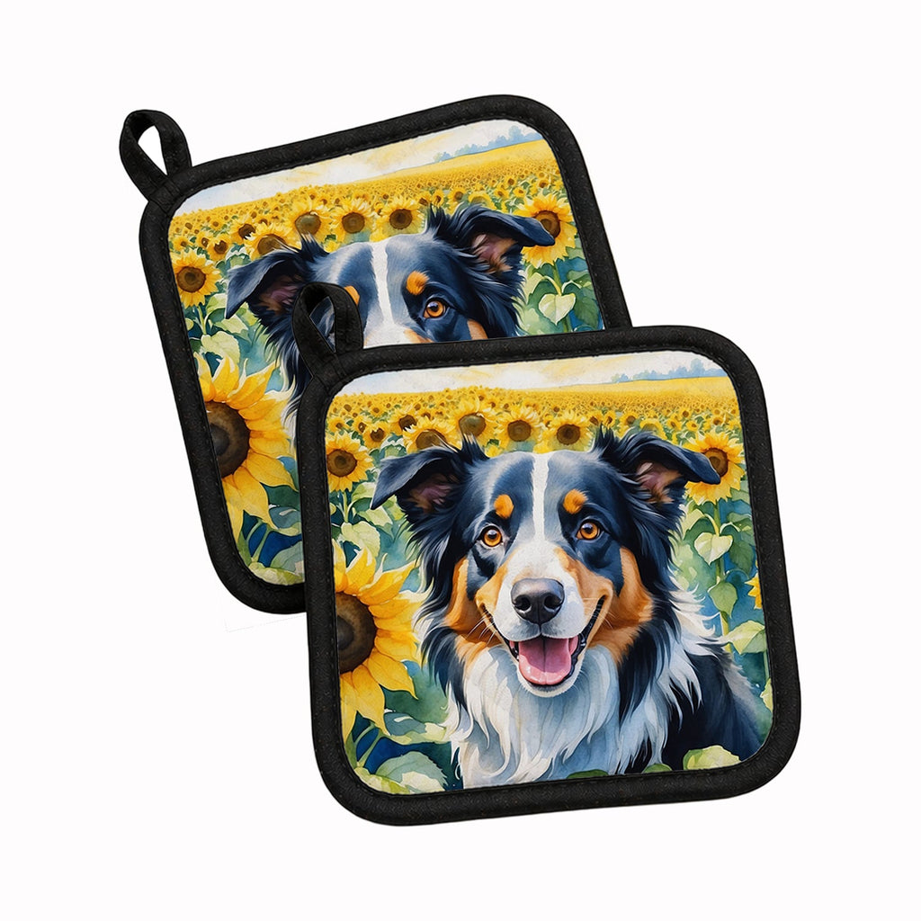 Border Collie in Sunflowers Pot Holder Set of 2 Heat Resistant Quilted Hot Pads 7.5 x 7.5 Inch, Insulated Kitchen Trivets for Cooking & Baking