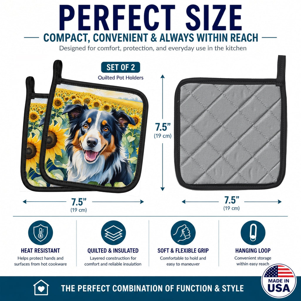 Border Collie in Sunflowers Pot Holder Set of 2 Heat Resistant Quilted Hot Pads 7.5 x 7.5 Inch, Insulated Kitchen Trivets for Cooking & Baking