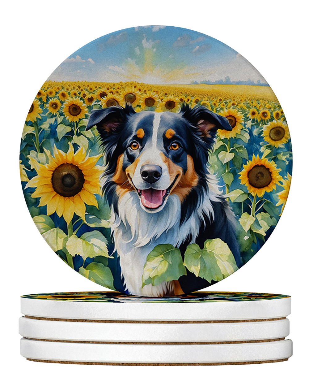 Border Collie in Sunflowers Large Sandstone Coasters Pack of 4 Absorbent Round Coasters Decor Gifts for Men or Women, 4 in, Multicolor