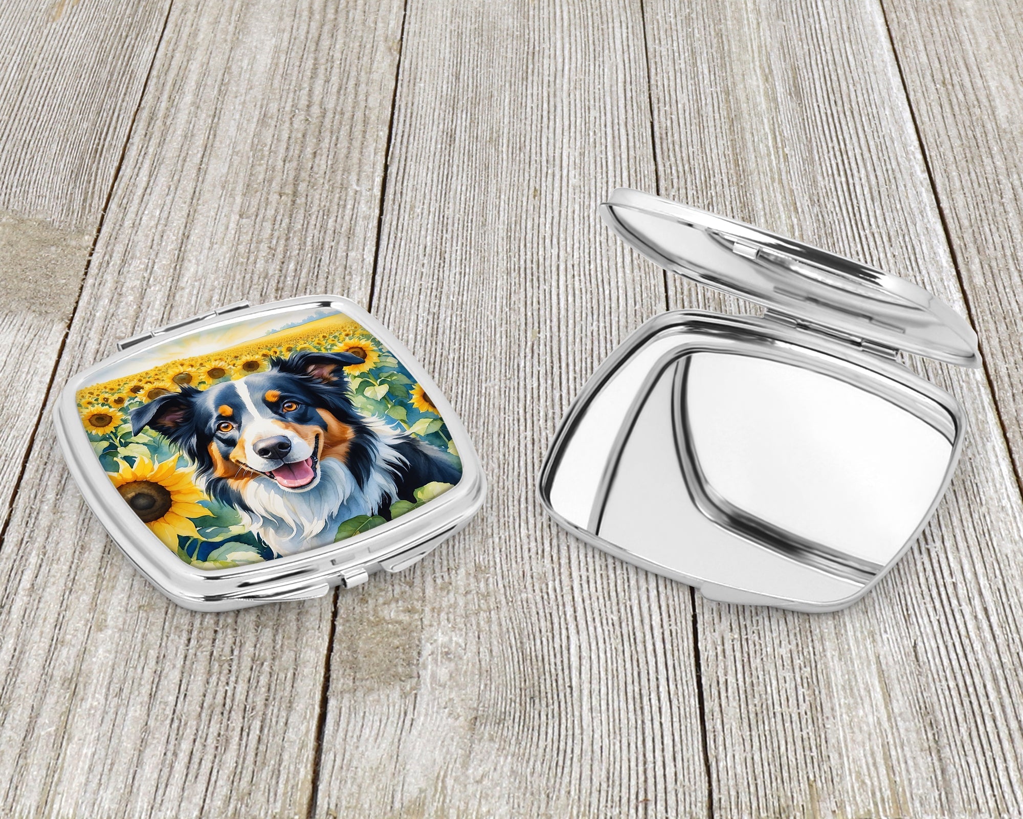 Border Collie in Sunflowers Compact Mirror Decorative Travel Makeup Mirror for Women Girls Gifts Pocket Makeup Mirror Folding Handheld