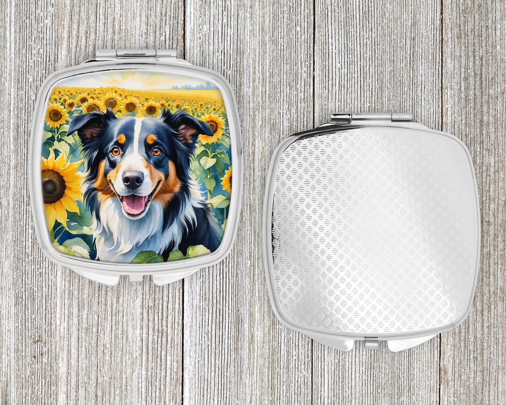 Border Collie in Sunflowers Compact Mirror Decorative Travel Makeup Mirror for Women Girls Gifts Pocket Makeup Mirror Folding Handheld