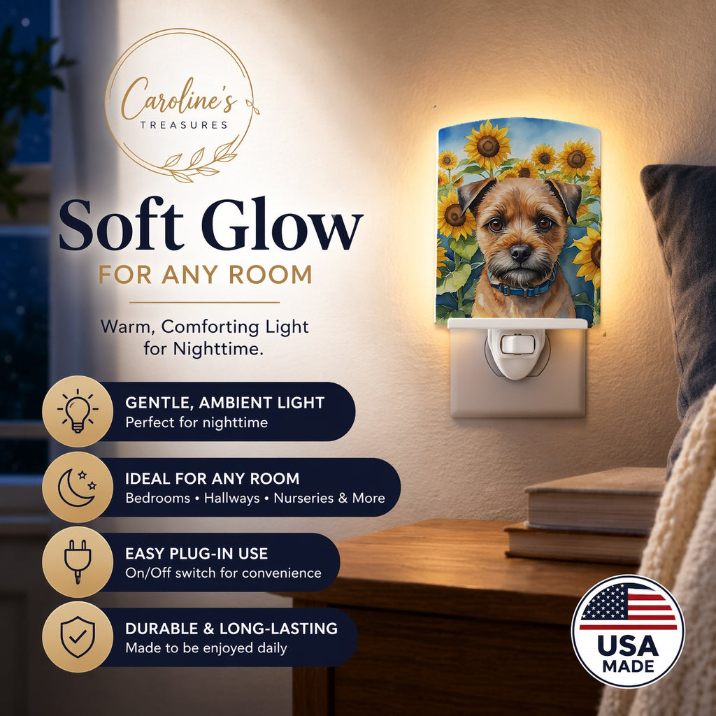 Border Terrier in Sunflowers Ceramic Night Light Compact, UL-Certified, Ideal for Bedroom, Bathroom, Nursery, Hallway, Kitchen, 6x4x3, Multicolor