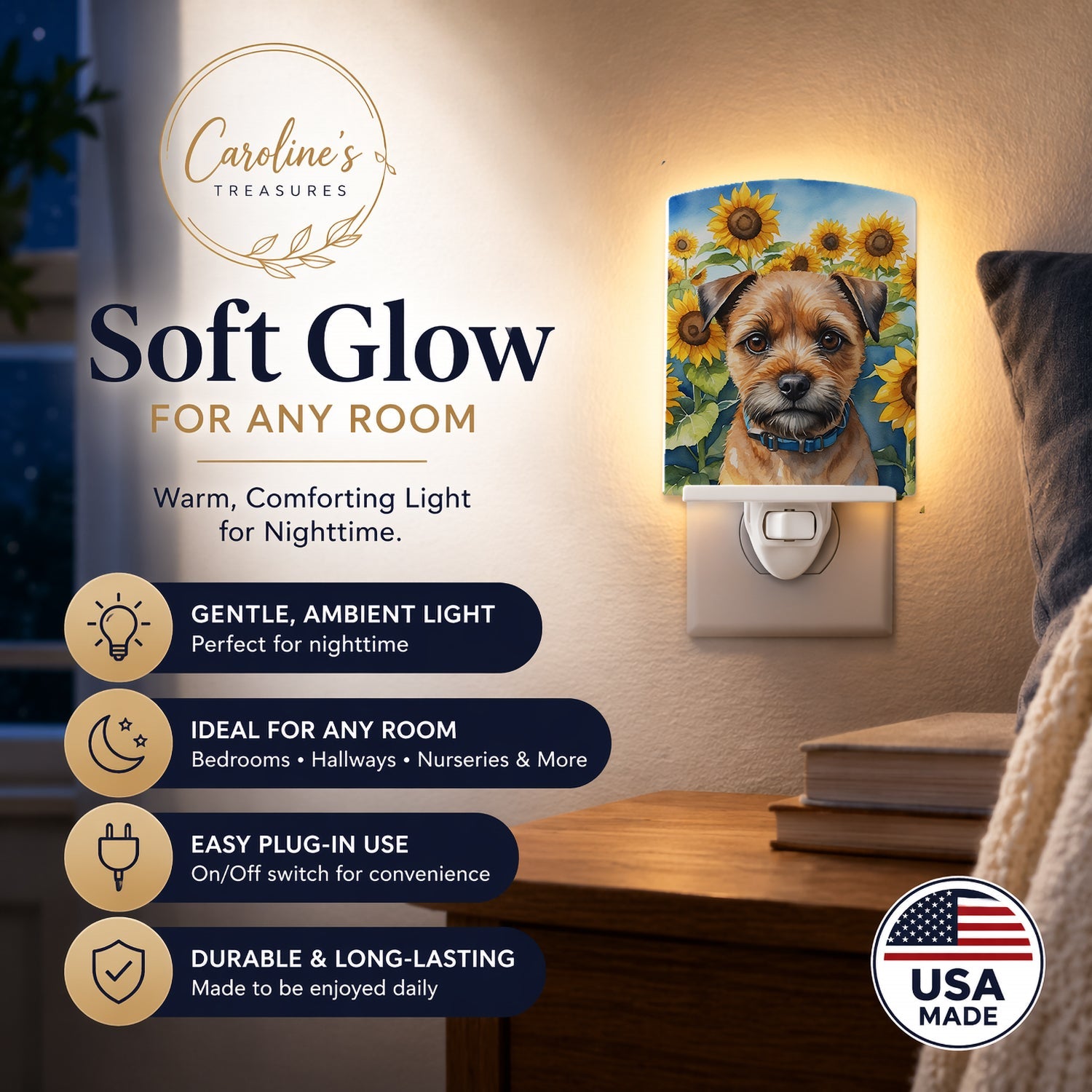 Border Terrier in Sunflowers Ceramic Night Light Compact, UL-Certified, Ideal for Bedroom, Bathroom, Nursery, Hallway, Kitchen, 6x4x3, Multicolor