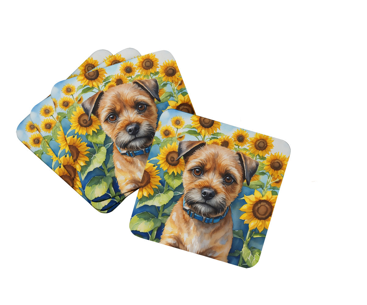 Border Terrier in Sunflowers Foam Coasters Set of 4 Cup Coasters for Indoor Outdoor, Tabletop Protection, Anti Slip, Mouse pad Material