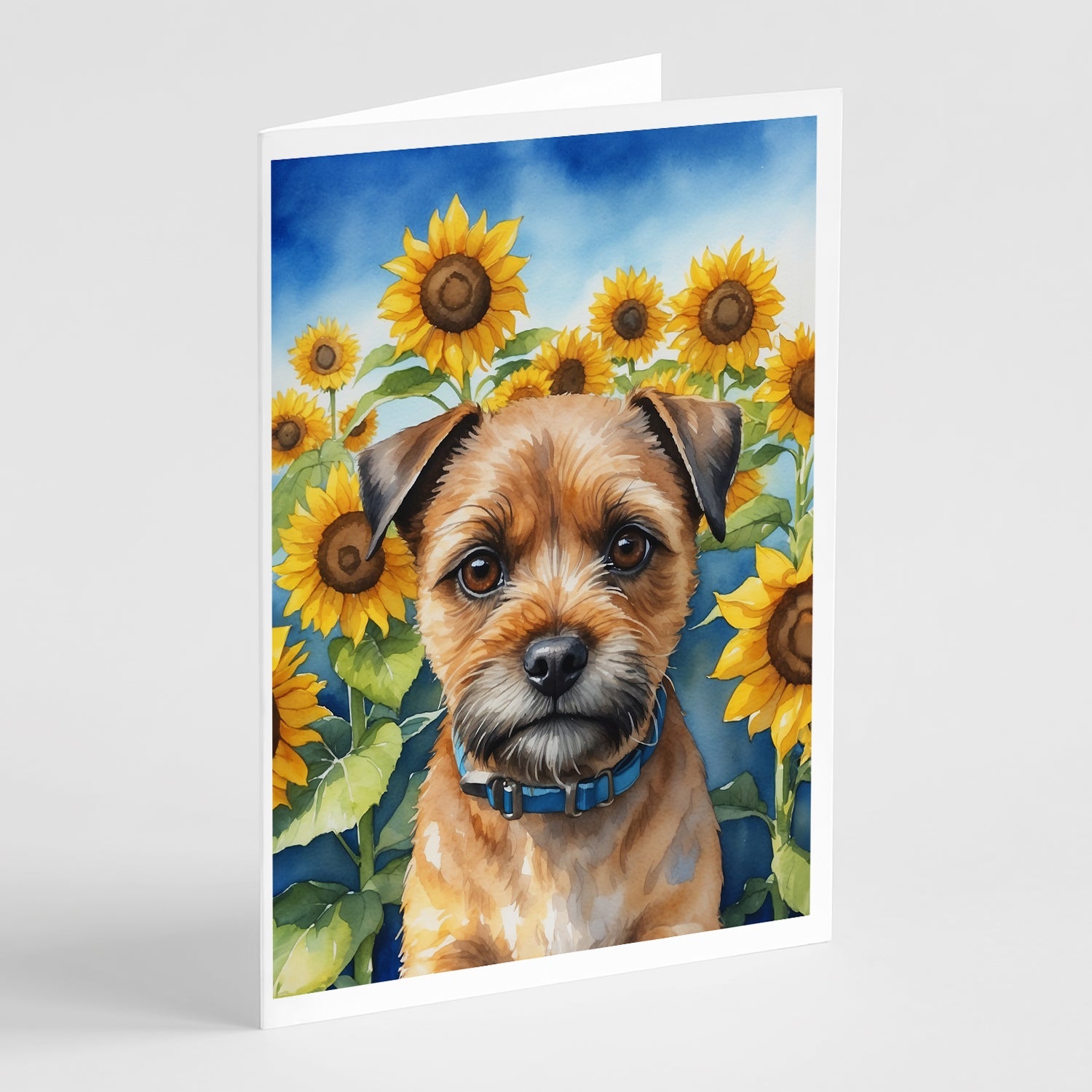 Border Terrier in Sunflowers Greeting Cards Pack of 8 Blank Cards with Envelopes Whimsical A7 Size 5x7
