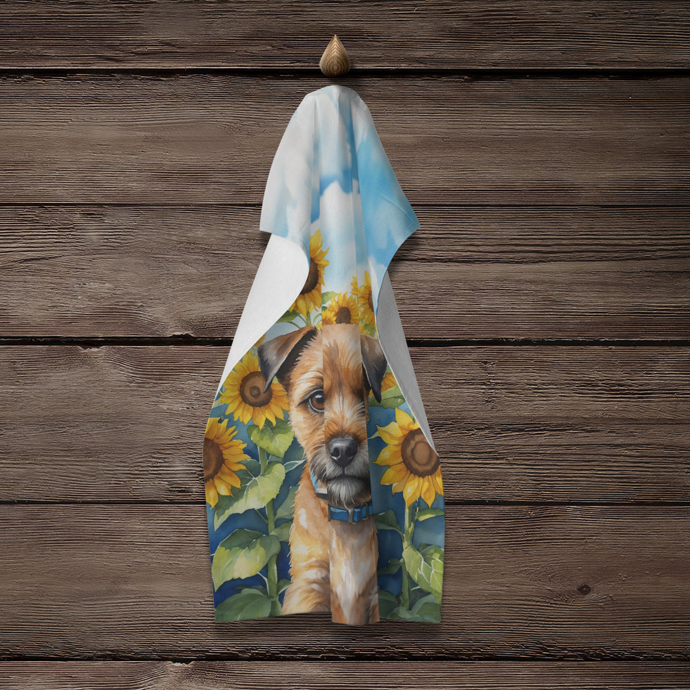 Border Terrier in Sunflowers Kitchen Towel Velour Plush Front and Cotton Loop Back Machine Washable