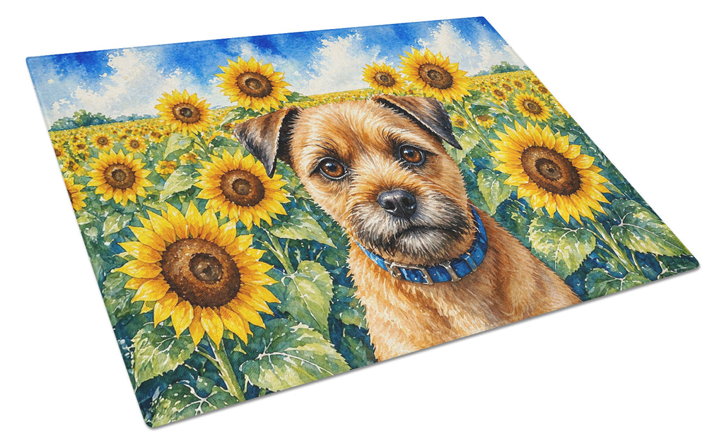 Border Terrier in Sunflowers Cutting Board Tempered Glass Kitchen Cutting Surface, Heat Resistant Chopping Board with Non-Slip Feet, Decorative Food Prep & Serving