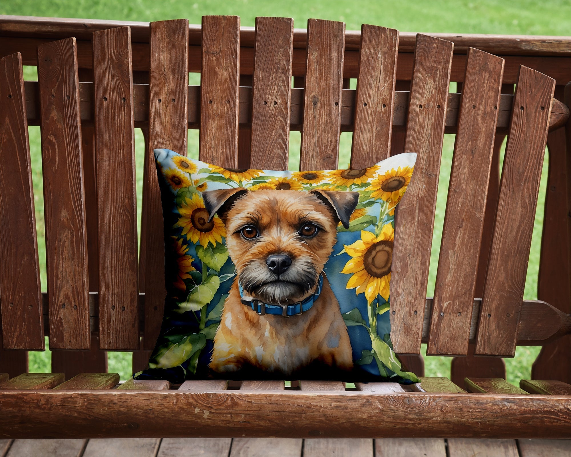 Border Terrier in Sunflowers Decorative Throw Pillow 14x14 Indoor Outdoor Accent Cushion, Fabric Cover with Insert for Sofa, Bed, Porch & Living Room