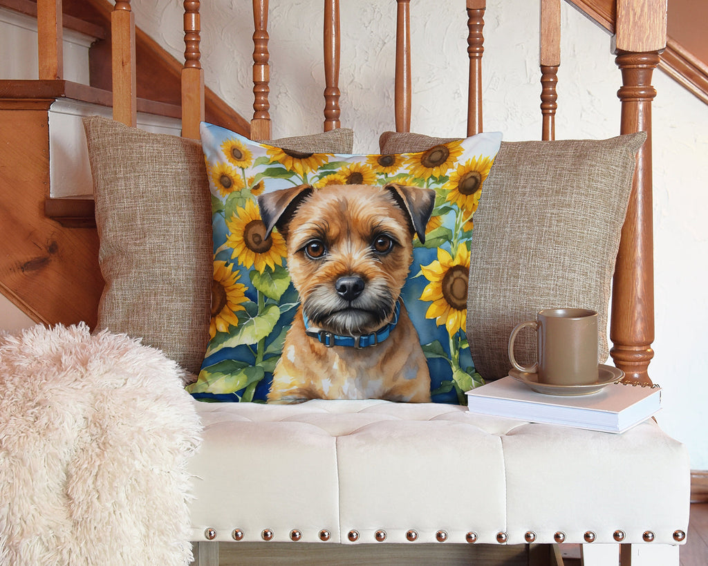 Border Terrier in Sunflowers Decorative Throw Pillow 14x14 Indoor Outdoor Accent Cushion, Fabric Cover with Insert for Sofa, Bed, Porch & Living Room