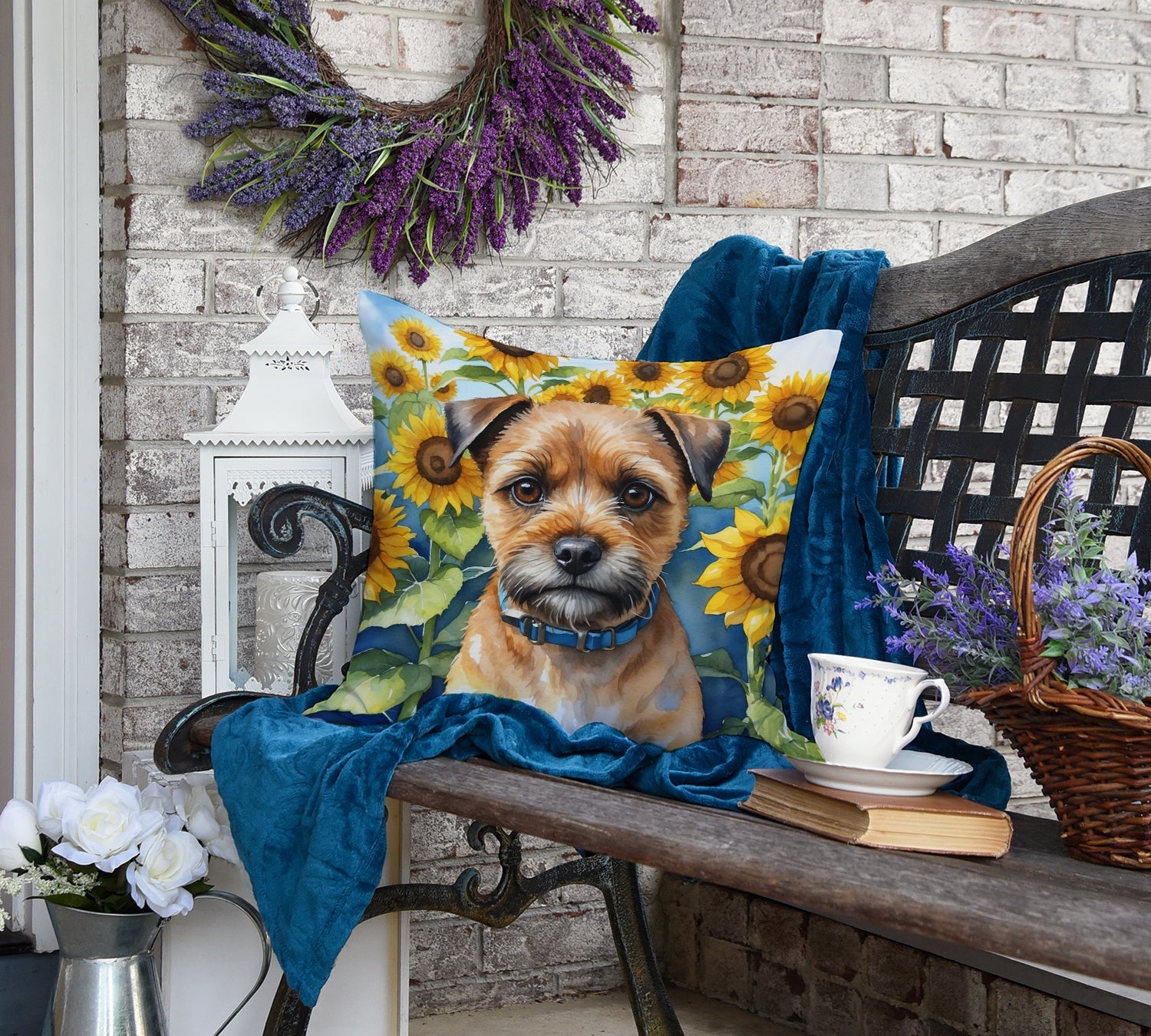 Border Terrier in Sunflowers Decorative Throw Pillow 18x18 Indoor Outdoor Accent Cushion, Fabric Cover with Insert for Sofa, Bed, Porch & Living Room
