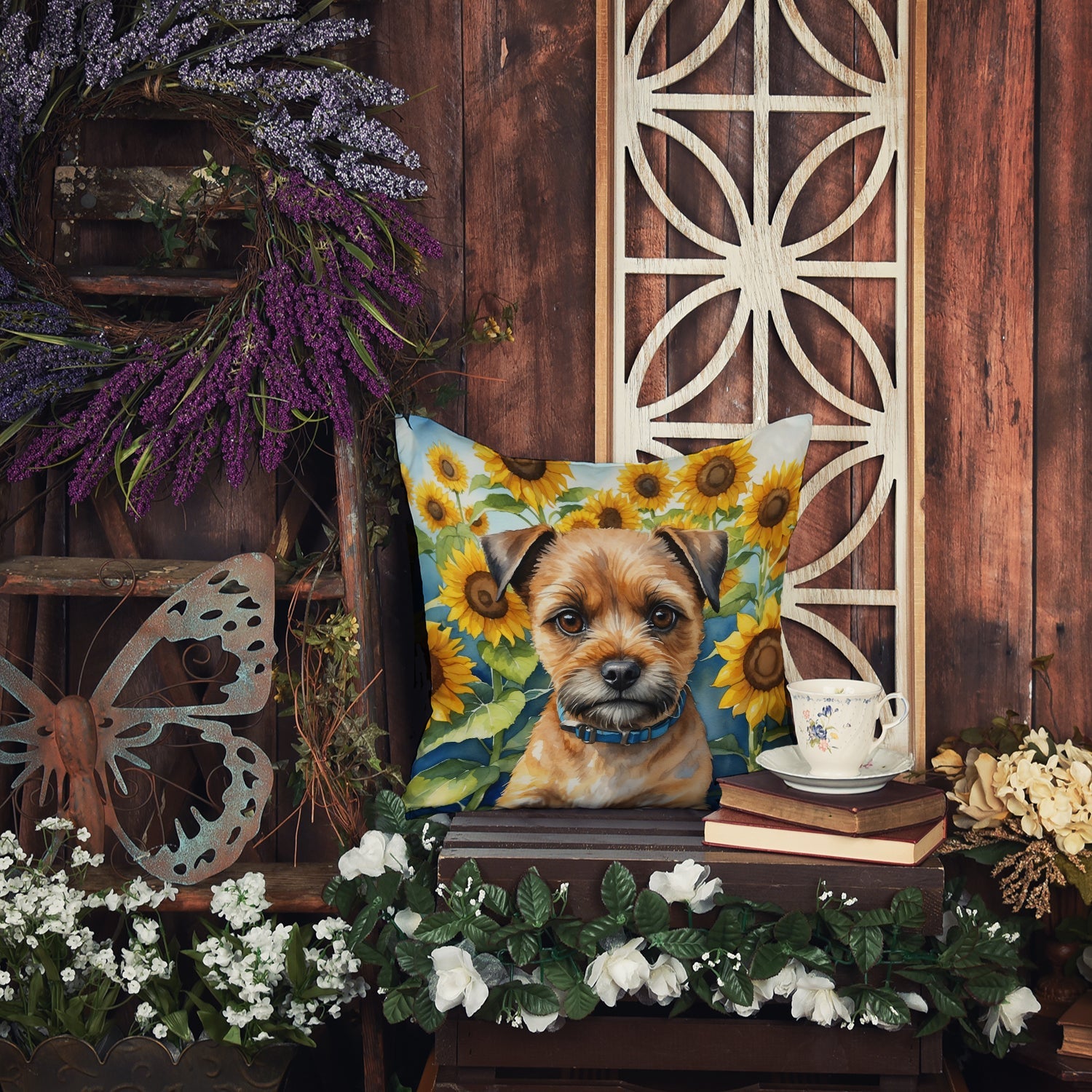 Border Terrier in Sunflowers Decorative Throw Pillow 18x18 Indoor Outdoor Accent Cushion, Fabric Cover with Insert for Sofa, Bed, Porch & Living Room