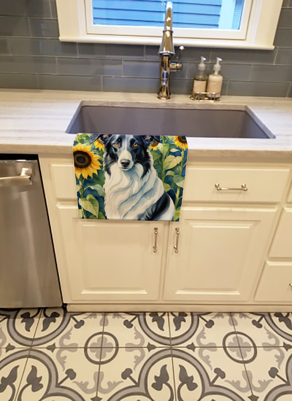 Borzoi in Sunflowers Kitchen Towel Velour Plush Front and Cotton Loop Back Machine Washable