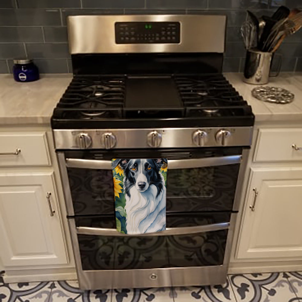 Borzoi in Sunflowers Kitchen Towel Velour Plush Front and Cotton Loop Back Machine Washable