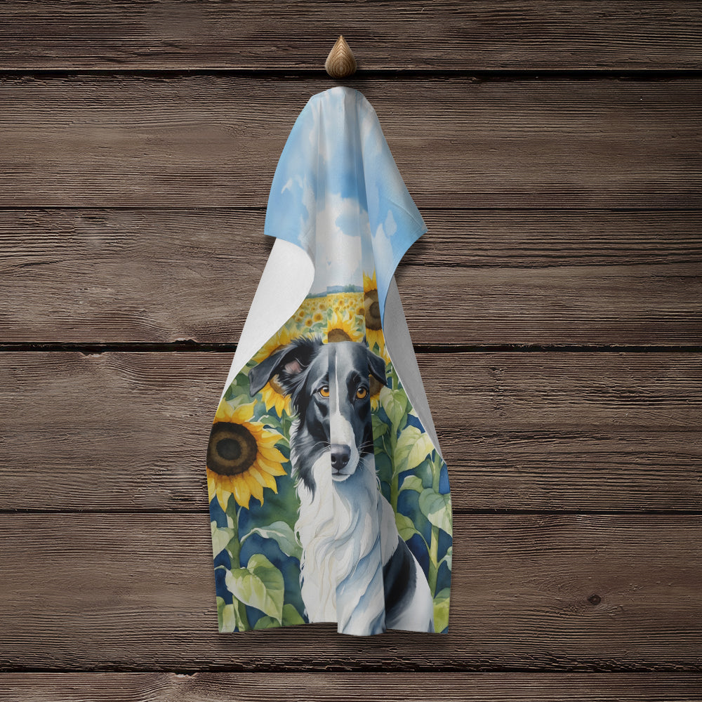Borzoi in Sunflowers Kitchen Towel Velour Plush Front and Cotton Loop Back Machine Washable