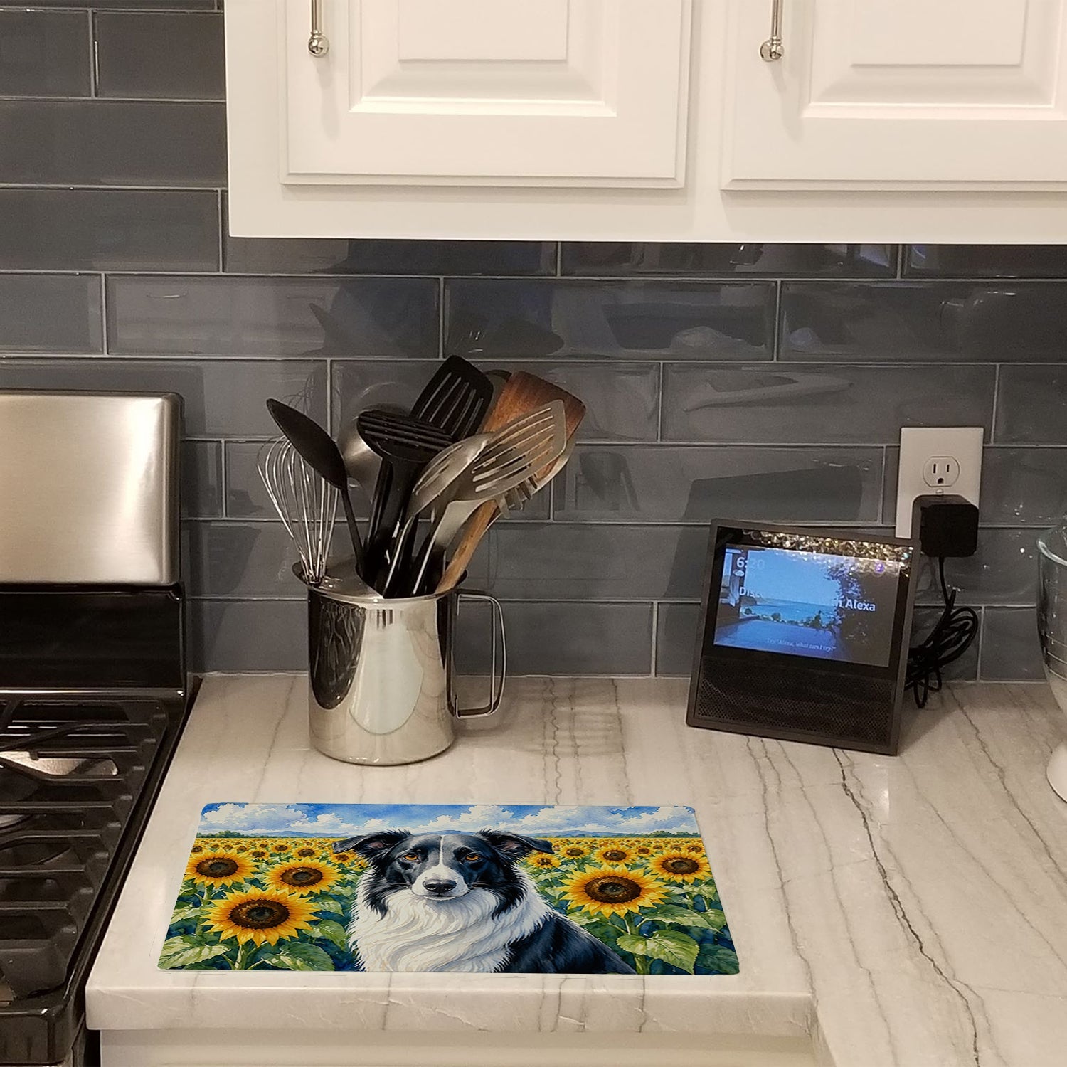 Borzoi in Sunflowers Cutting Board Tempered Glass Kitchen Cutting Surface, Heat Resistant Chopping Board with Non-Slip Feet, Decorative Food Prep & Serving