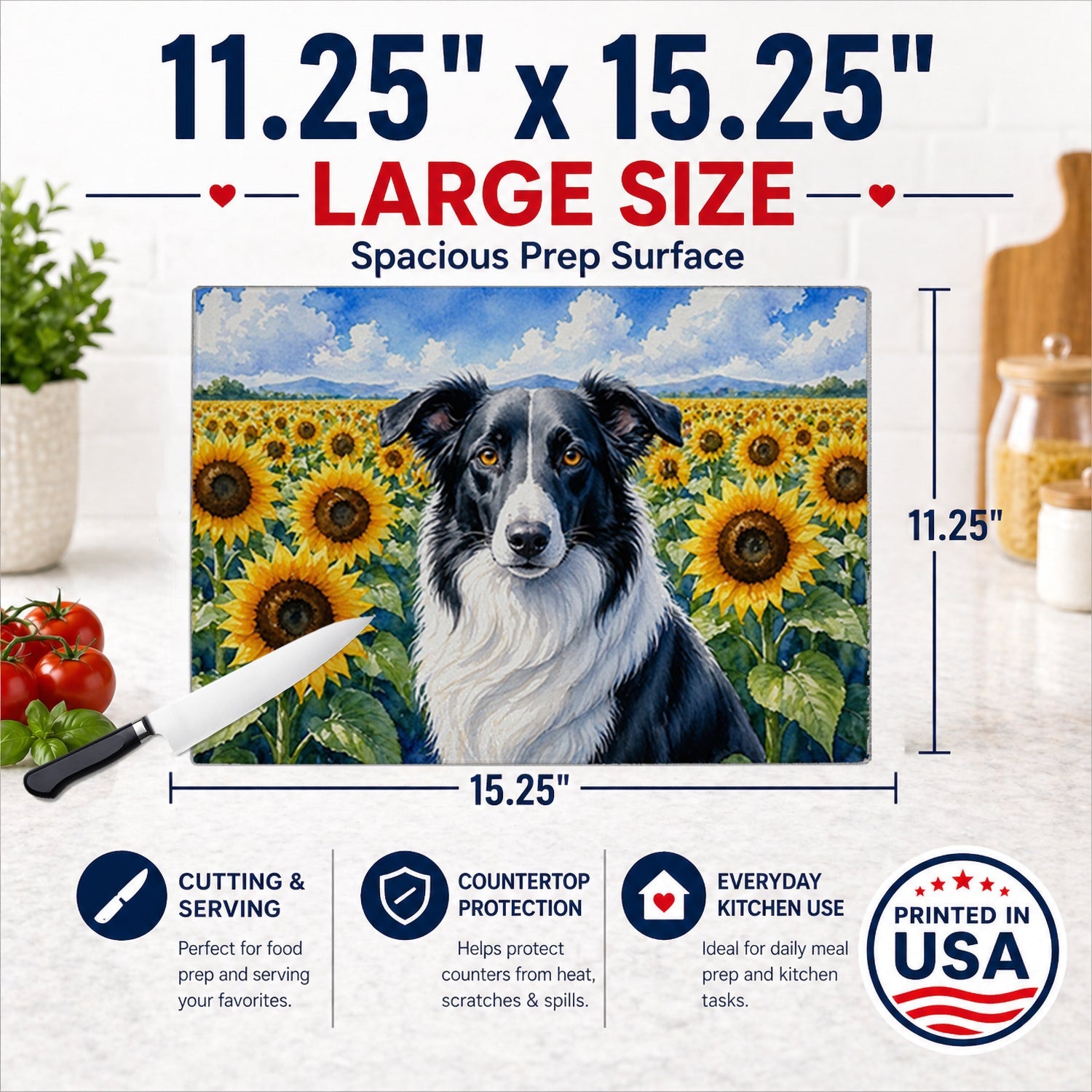 Borzoi in Sunflowers Cutting Board Tempered Glass Kitchen Cutting Surface, Heat Resistant Chopping Board with Non-Slip Feet, Decorative Food Prep & Serving