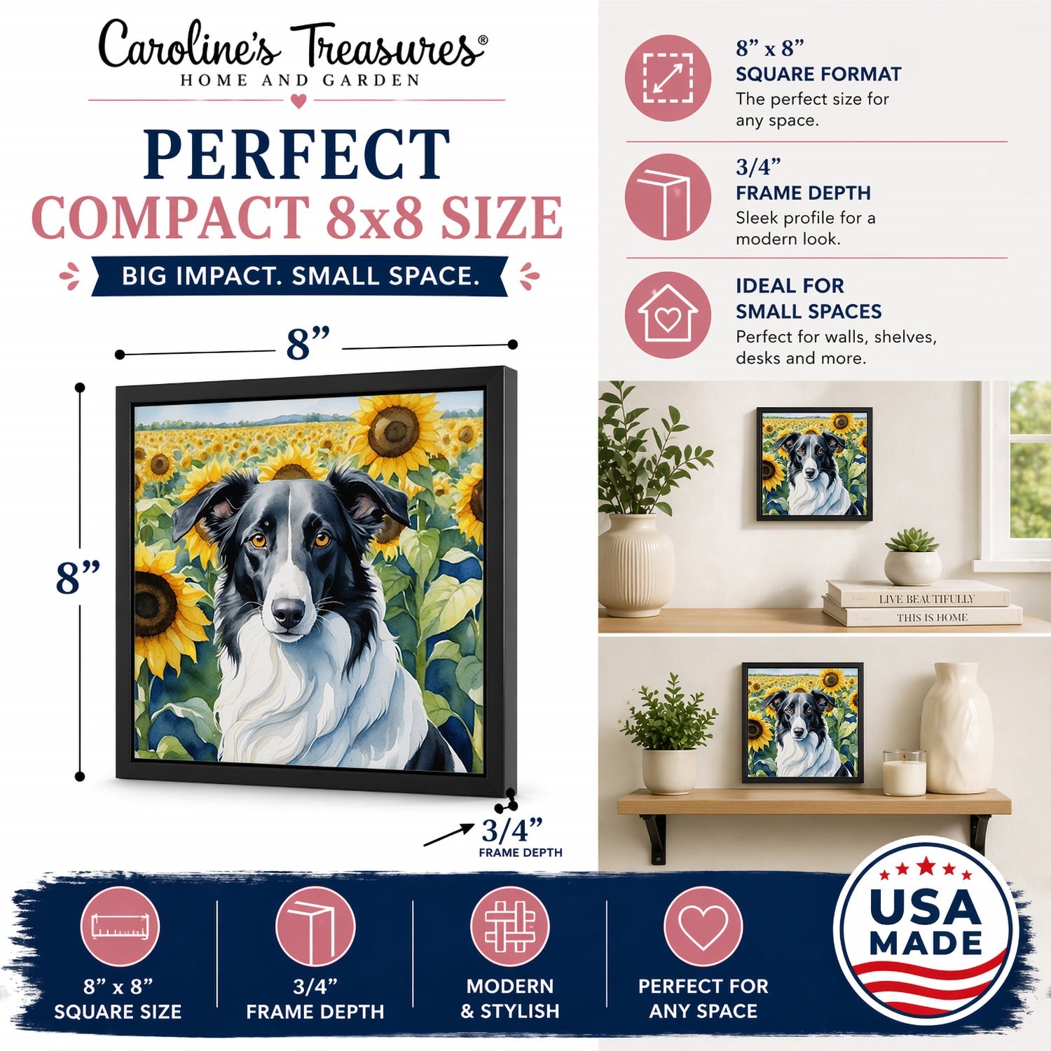 Borzoi in Sunflowers Framed Metal Print Bathroom, Kitchen, Office, Home Decor Wall Art Ready to Hang, Square, 8X8