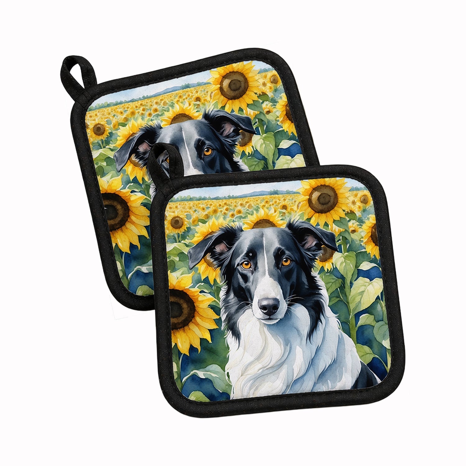Borzoi in Sunflowers Pot Holder Set of 2 Heat Resistant Quilted Hot Pads 7.5 x 7.5 Inch, Insulated Kitchen Trivets for Cooking & Baking