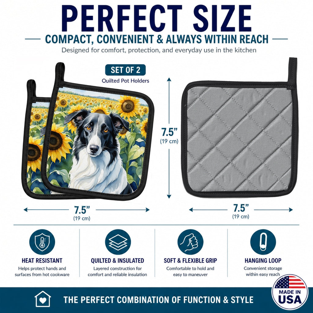 Borzoi in Sunflowers Pot Holder Set of 2 Heat Resistant Quilted Hot Pads 7.5 x 7.5 Inch, Insulated Kitchen Trivets for Cooking & Baking