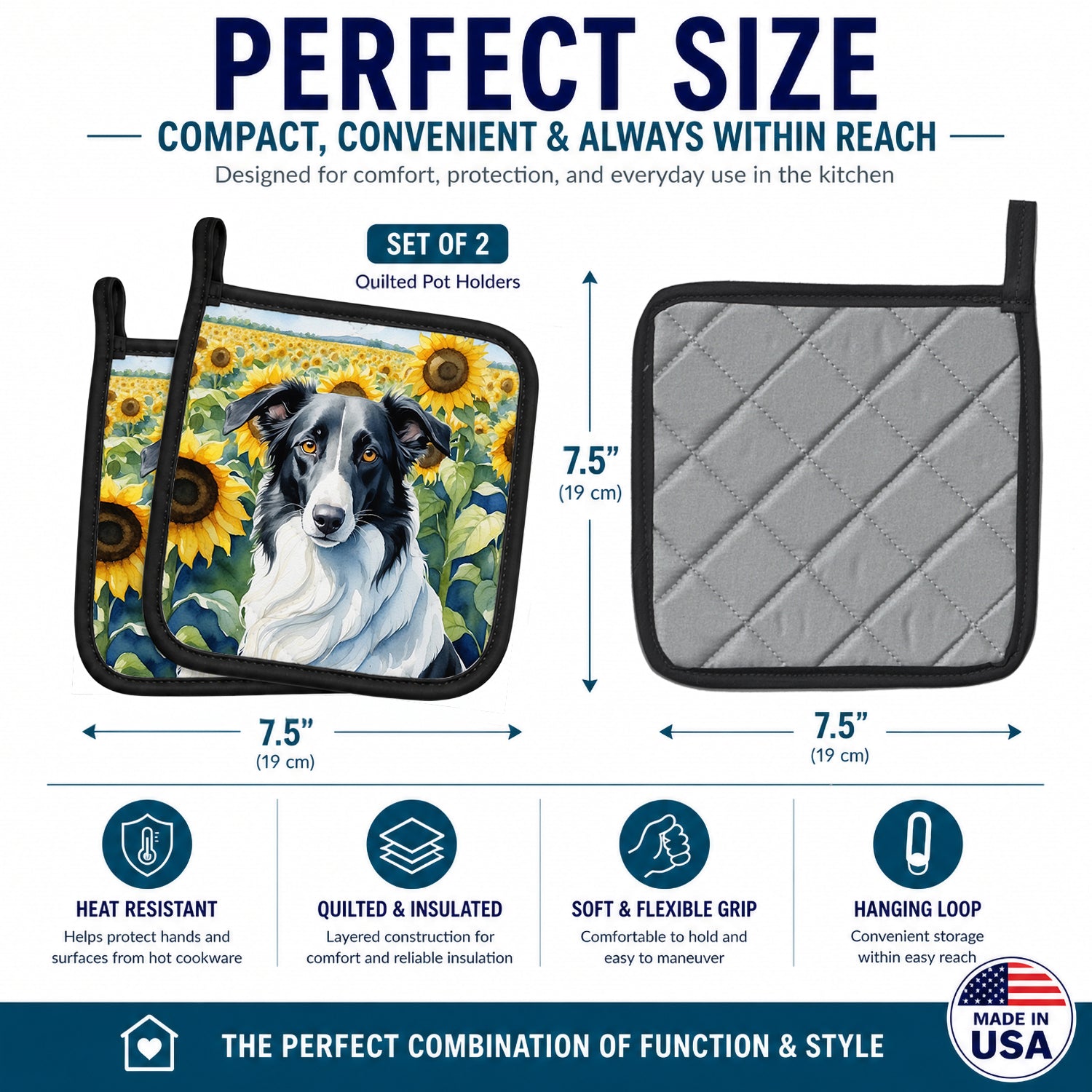 Borzoi in Sunflowers Pot Holder Set of 2 Heat Resistant Quilted Hot Pads 7.5 x 7.5 Inch, Insulated Kitchen Trivets for Cooking & Baking
