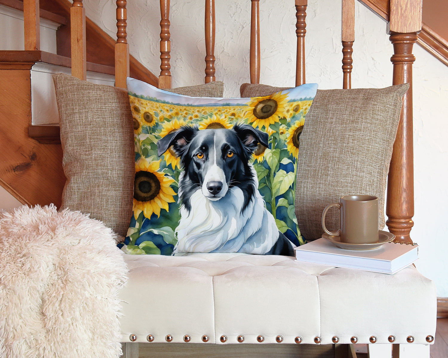 Borzoi in Sunflowers Decorative Throw Pillow 14x14 Indoor Outdoor Accent Cushion, Fabric Cover with Insert for Sofa, Bed, Porch & Living Room