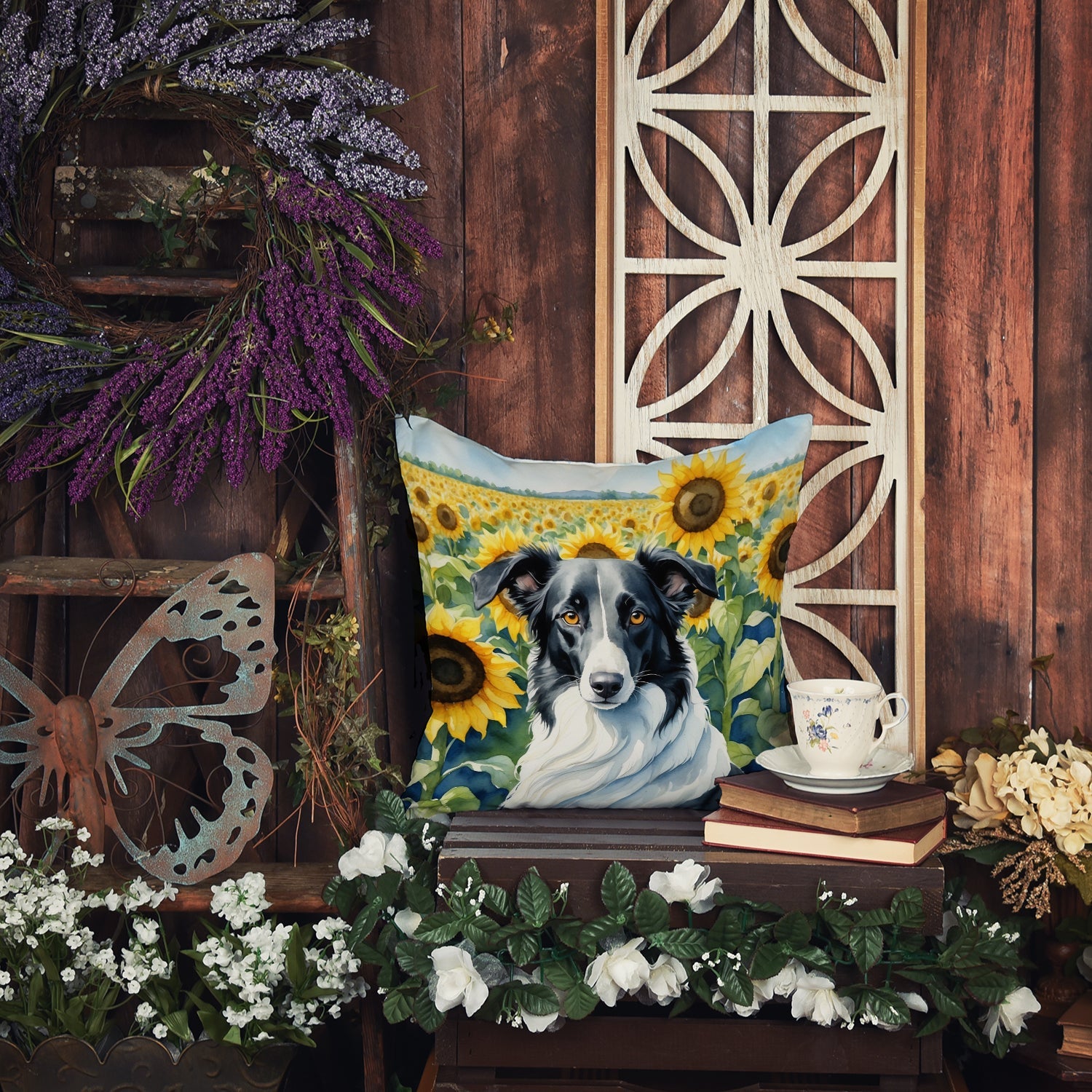 Borzoi in Sunflowers Decorative Throw Pillow 14x14 Indoor Outdoor Accent Cushion, Fabric Cover with Insert for Sofa, Bed, Porch & Living Room