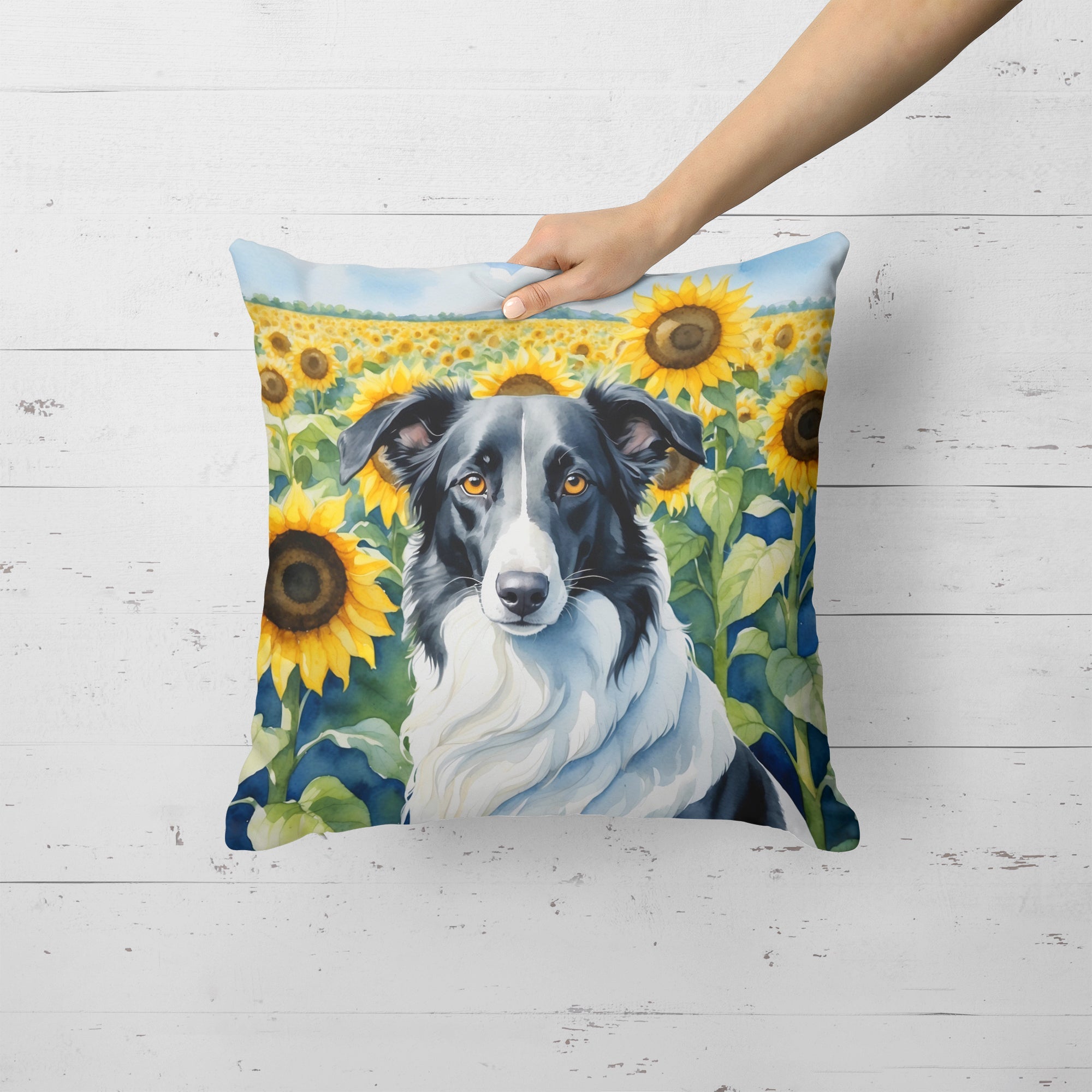 Borzoi in Sunflowers Decorative Throw Pillow 18x18 Indoor Outdoor Accent Cushion, Fabric Cover with Insert for Sofa, Bed, Porch & Living Room
